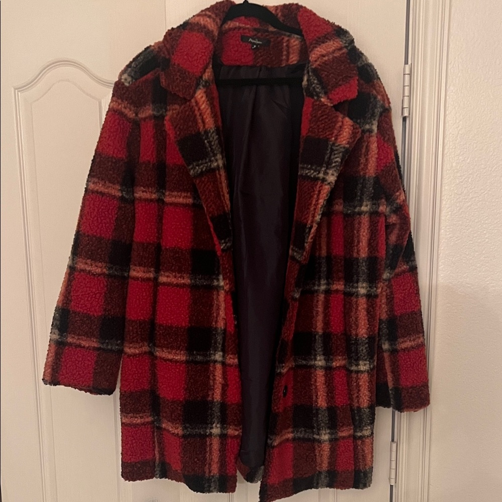 Papaya Red and Black Plaid Teddy Jacket